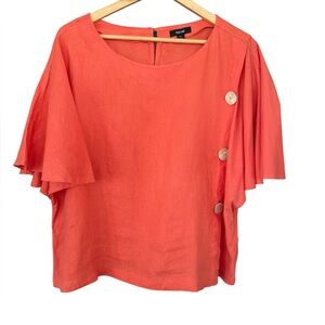 Kensie Womens Orange Linen Lightweight Cotton Blouse Top Flutter Sleeves Size XL